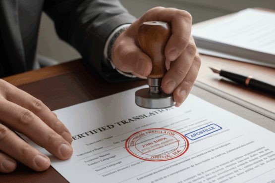 Certified translator stamping a document
